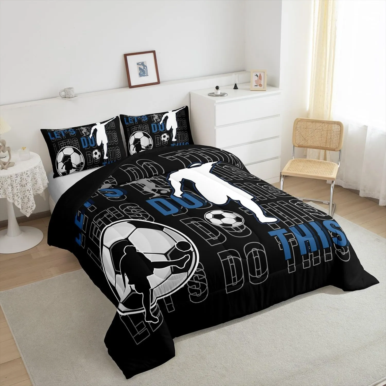 Feelyou Kids Boys Football Bedding Set Twin Size Gaming Sports Comforter Set for Teens Football Player Duvet Set Black Blue White Quilt Set 2Pcs