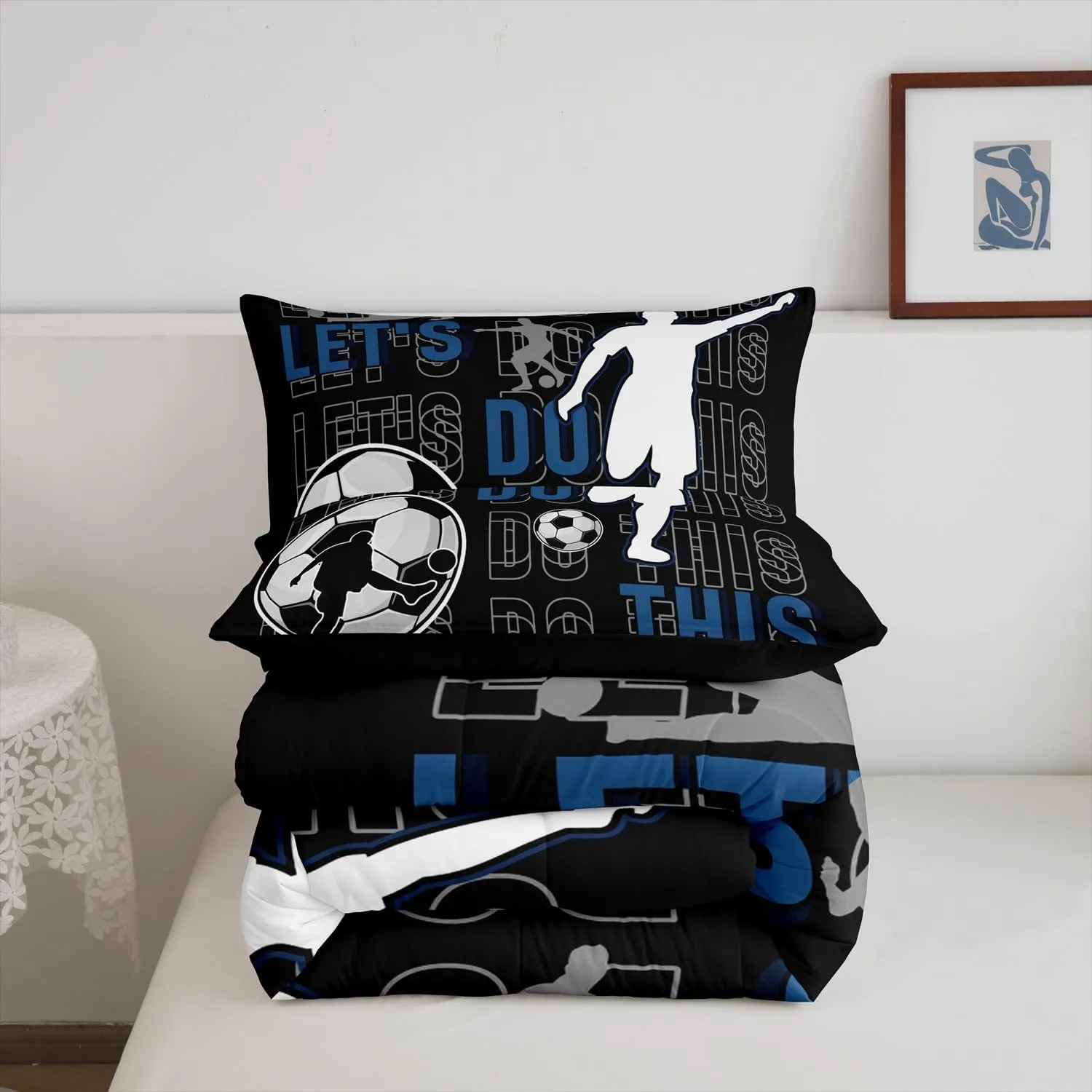 Feelyou Kids Boys Football Bedding Set Twin Size Gaming Sports Comforter Set for Teens Football Player Duvet Set Black Blue White Quilt Set 2Pcs