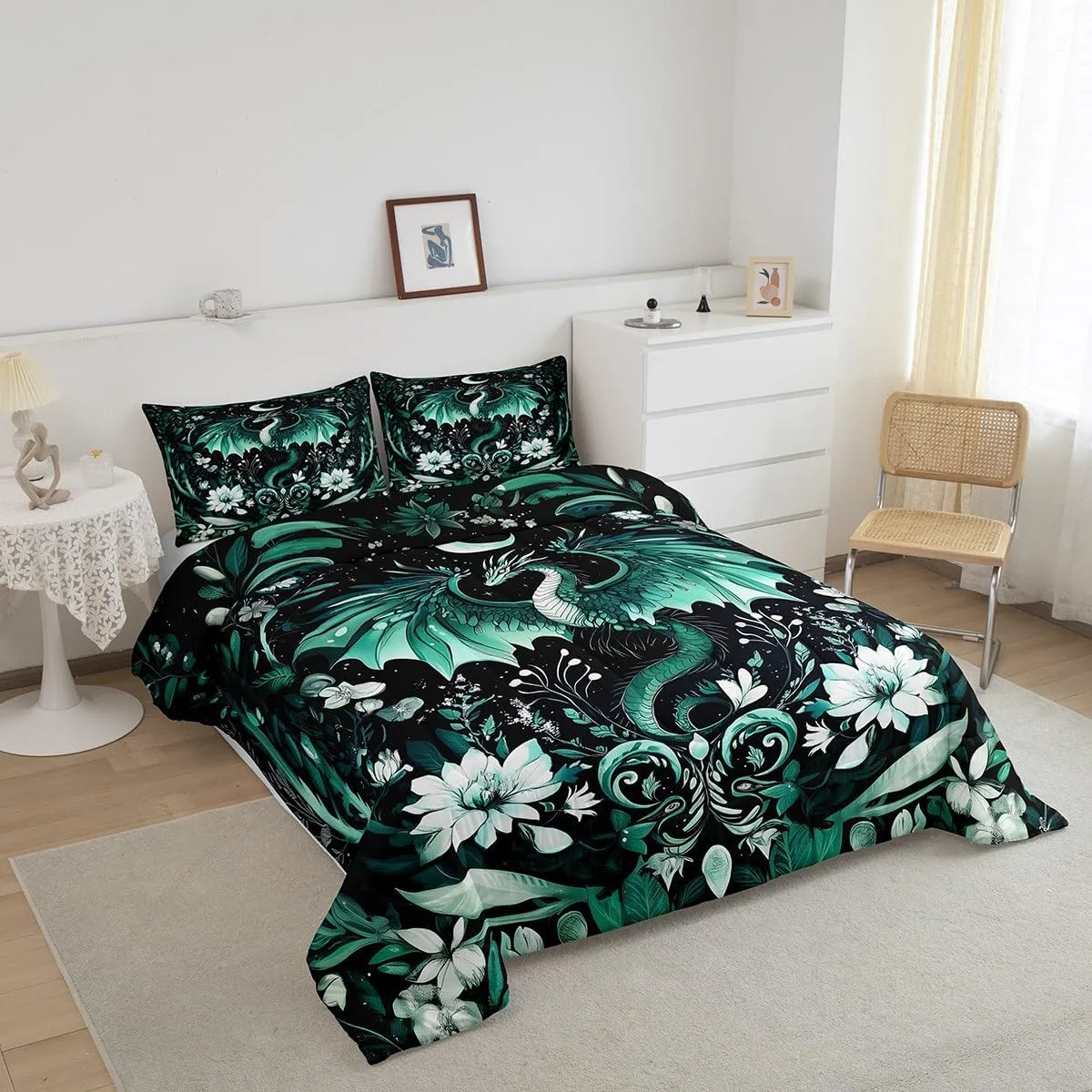 Feelyou Kids Dragon Comforter Set King Size, Green Dragon Bedding Set Dragon Lovers Comforter for Kids Boys Girls Boho Duvet Insert Room Decor 3Pcs