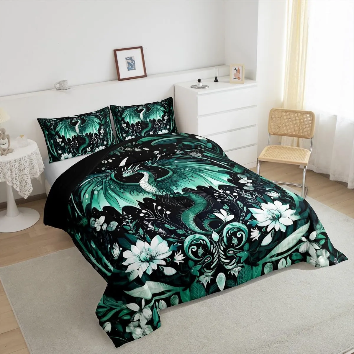 Feelyou Kids Dragon Comforter Set King Size, Green Dragon Bedding Set Dragon Lovers Comforter for Kids Boys Girls Boho Duvet Insert Room Decor 3Pcs