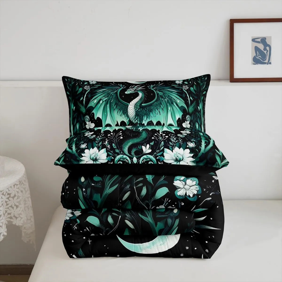 Feelyou Kids Dragon Comforter Set King Size, Green Dragon Bedding Set Dragon Lovers Comforter for Kids Boys Girls Boho Duvet Insert Room Decor 3Pcs