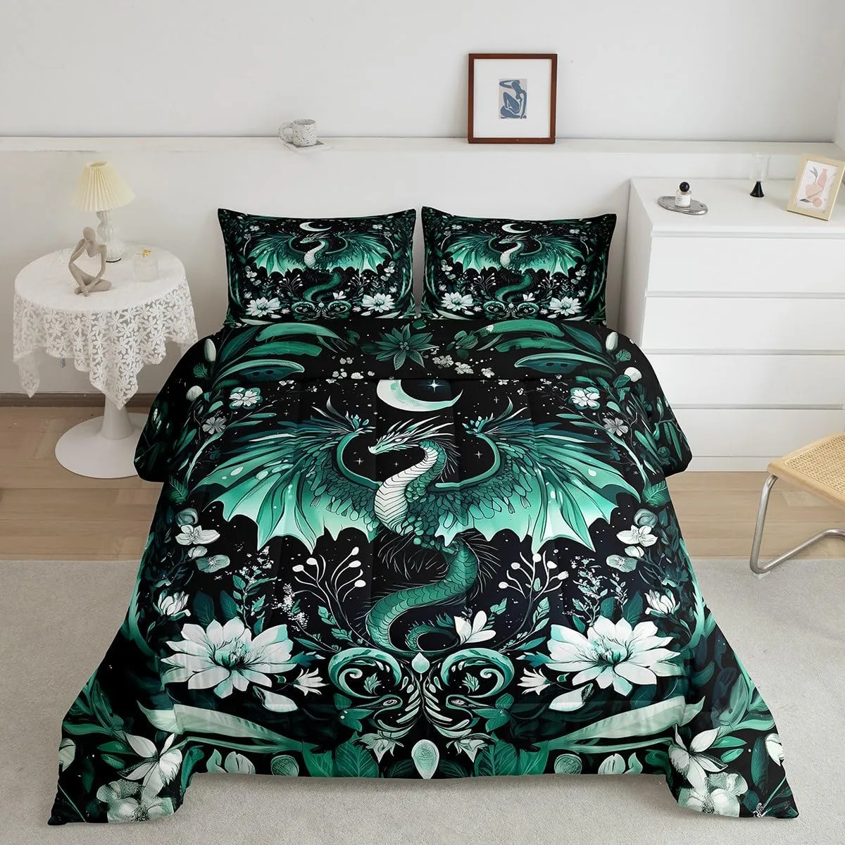Feelyou Kids Dragon Comforter Set King Size, Green Dragon Bedding Set Dragon Lovers Comforter for Kids Boys Girls Boho Duvet Insert Room Decor 3Pcs