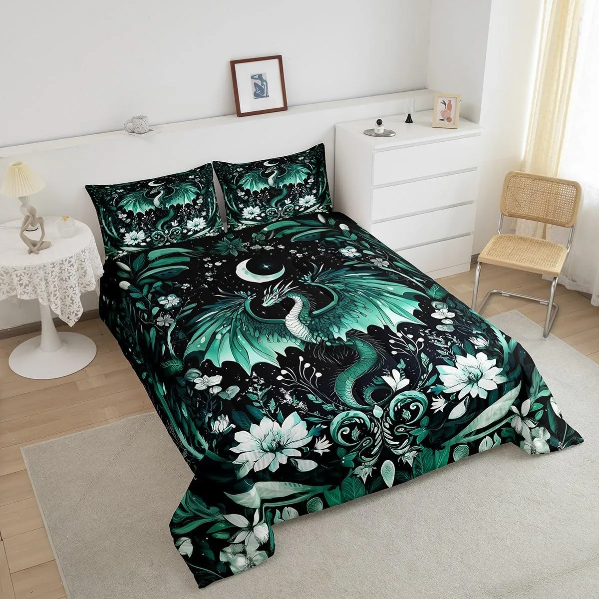 Feelyou Kids Dragon Comforter Set King Size, Green Dragon Bedding Set Dragon Lovers Comforter for Kids Boys Girls Boho Duvet Insert Room Decor 3Pcs