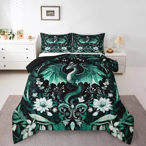 Feelyou Kids Dragon Comforter Set King Size, Green Dragon Bedding Set Dragon Lovers Comforter for Kids Boys Girls Boho Duvet Insert Room Decor 3Pcs