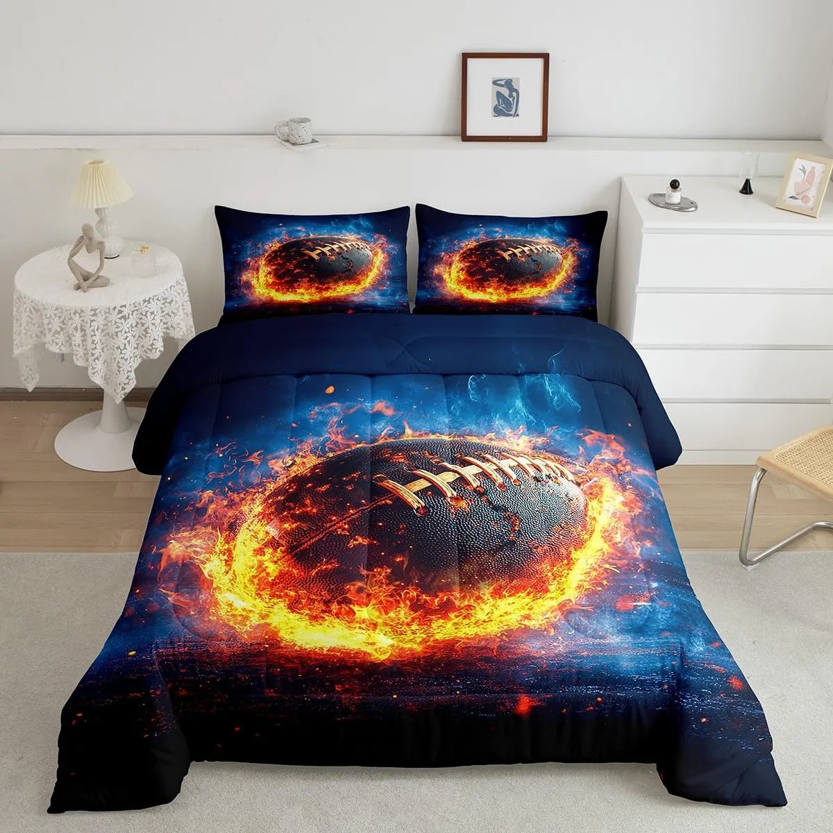 Feelyou Rugby Sports Bedding Set Queen Size Football Comforter Set for Kids Teens Adults Flame American Football Duvet Quilt Soccer Ball Game Room Decor 3Pcs with 2 Pillow Case All Season Soft