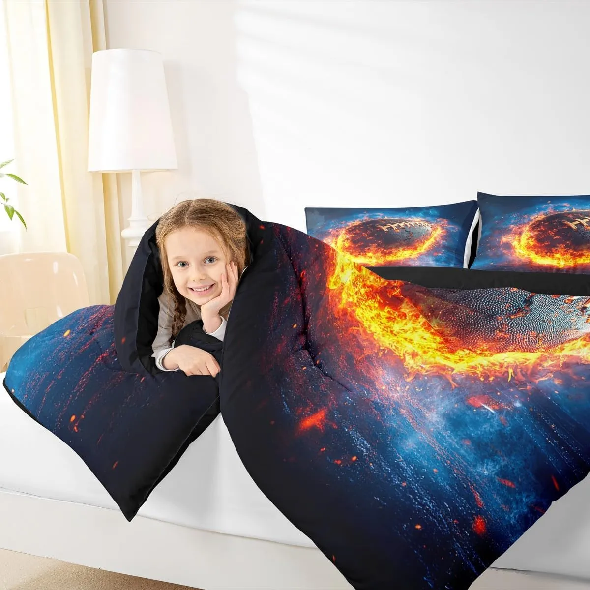 Feelyou Rugby Sports Bedding Set Queen Size Football Comforter Set for Kids Teens Adults Flame American Football Duvet Quilt Soccer Ball Game Room Decor 3Pcs with 2 Pillow Case All Season Soft