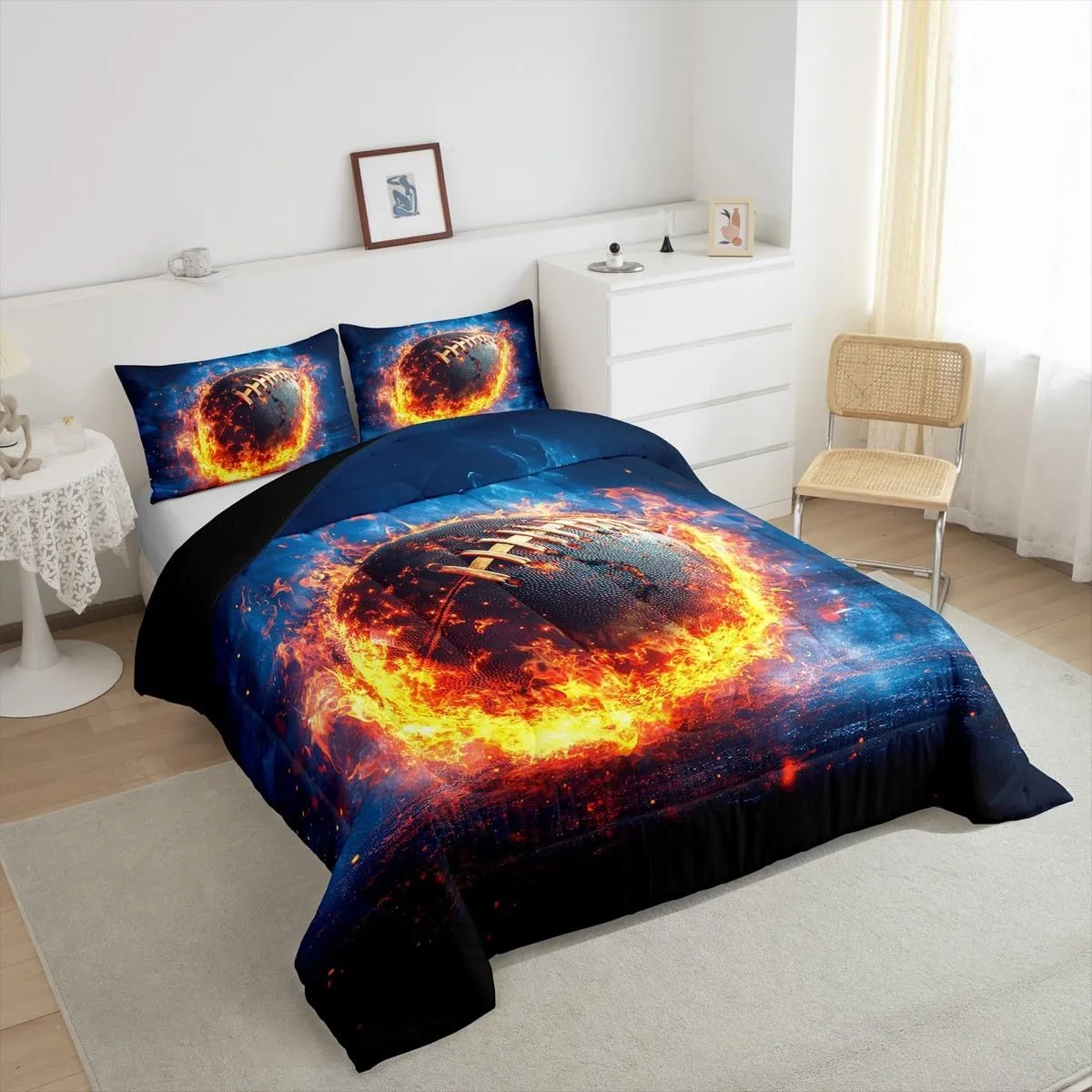 Feelyou Rugby Sports Bedding Set Queen Size Football Comforter Set for Kids Teens Adults Flame American Football Duvet Quilt Soccer Ball Game Room Decor 3Pcs with 2 Pillow Case All Season Soft