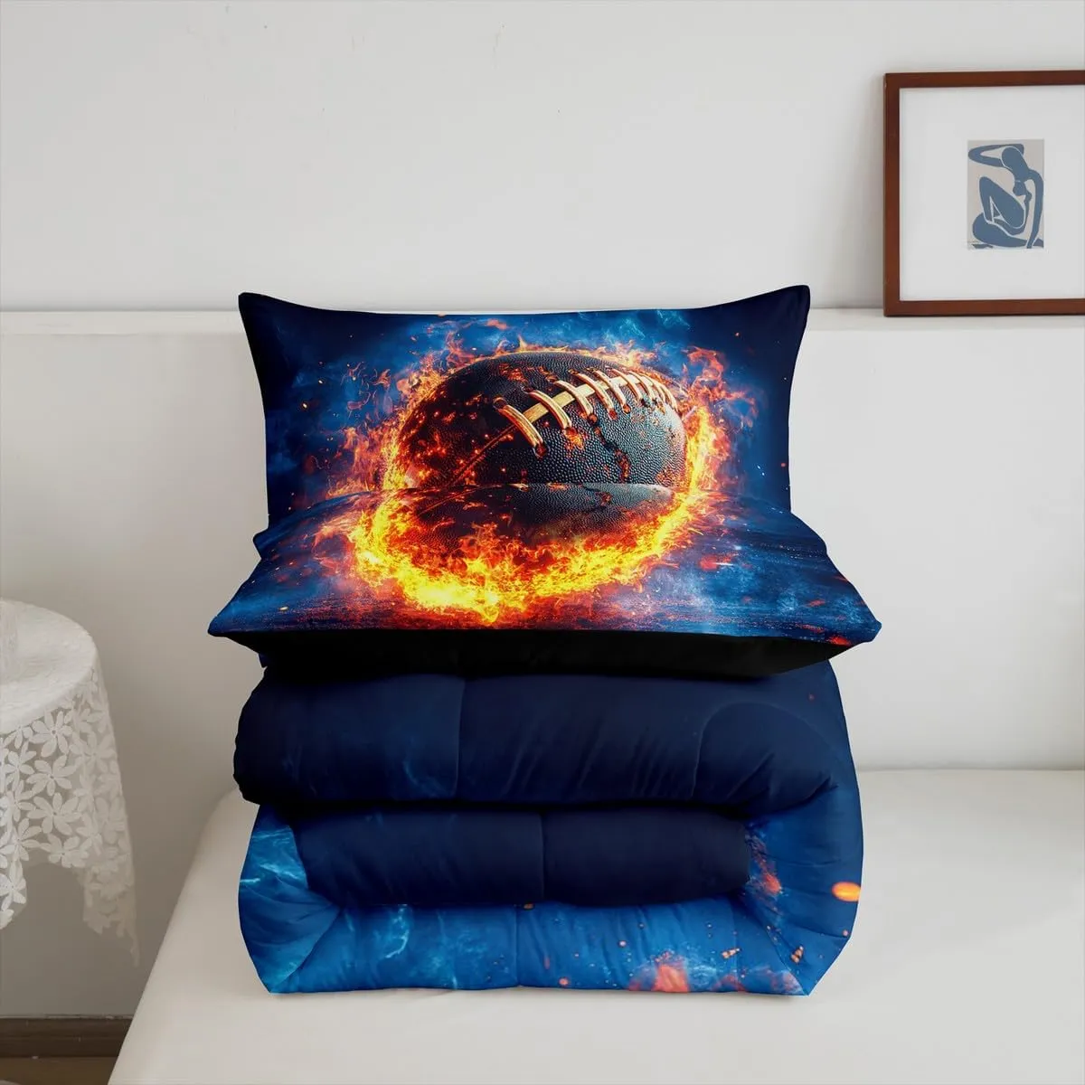 Feelyou Rugby Sports Bedding Set Queen Size Football Comforter Set for Kids Teens Adults Flame American Football Duvet Quilt Soccer Ball Game Room Decor 3Pcs with 2 Pillow Case All Season Soft