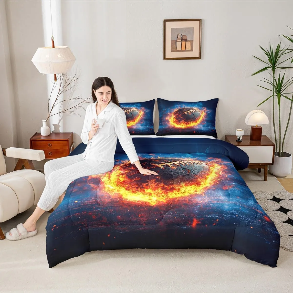 Feelyou Rugby Sports Bedding Set Queen Size Football Comforter Set for Kids Teens Adults Flame American Football Duvet Quilt Soccer Ball Game Room Decor 3Pcs with 2 Pillow Case All Season Soft