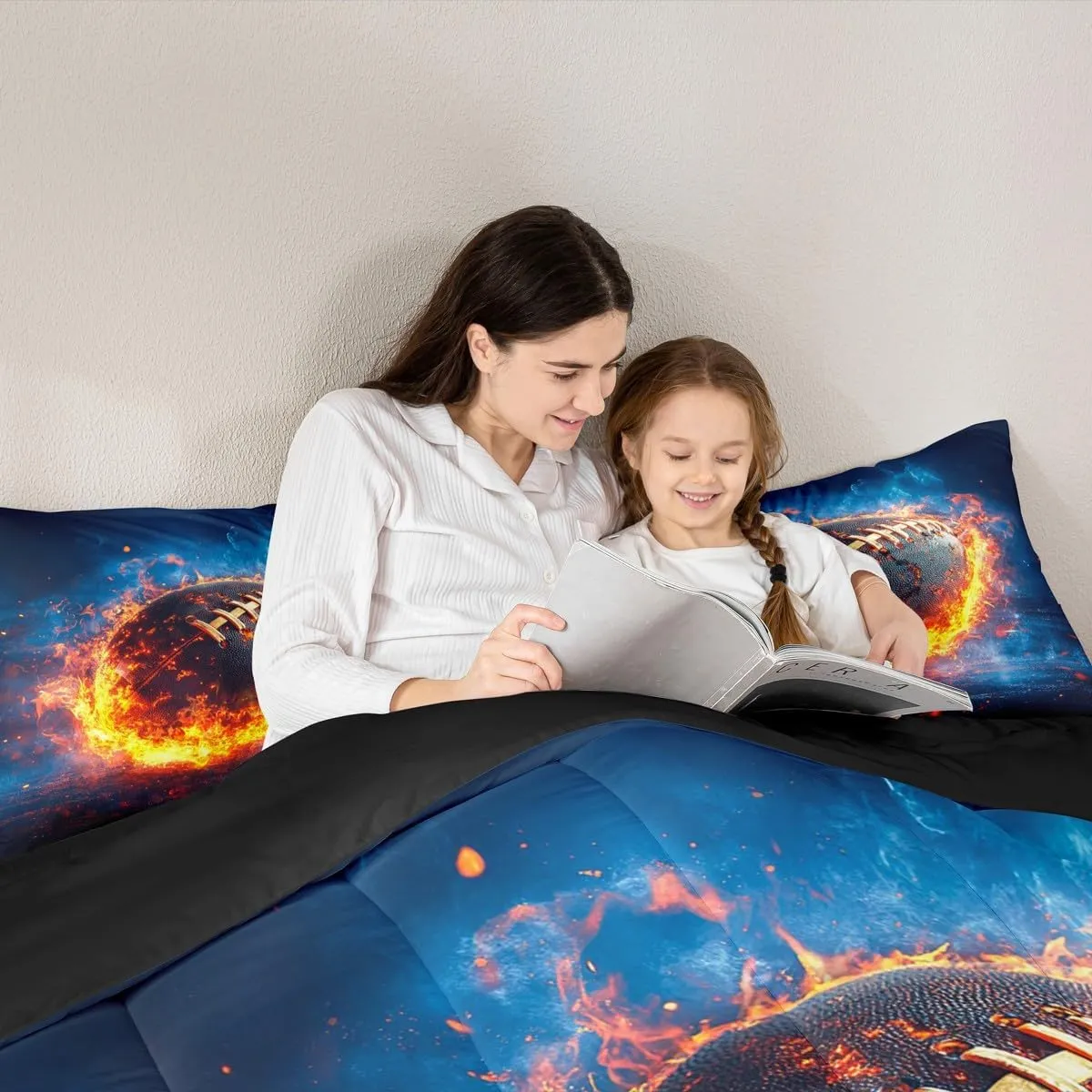 Feelyou Rugby Sports Bedding Set Queen Size Football Comforter Set for Kids Teens Adults Flame American Football Duvet Quilt Soccer Ball Game Room Decor 3Pcs with 2 Pillow Case All Season Soft