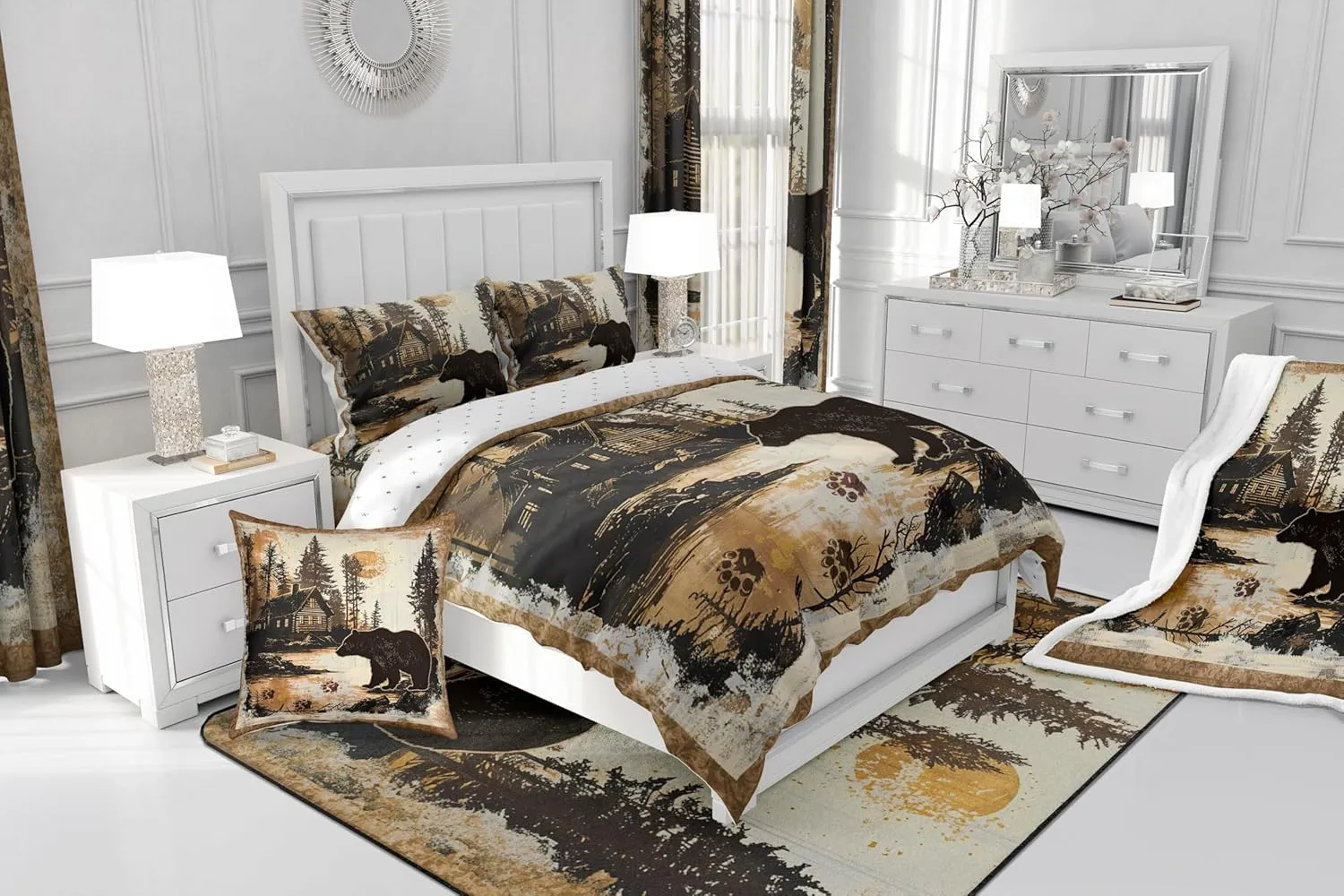 Feelyou Rustic Cabin Bear Comforter Set Forest Animal Wildlife Hunting Theme Bedding Set King Size for Boys Girls Farmhouse Black Bear Comforter Brown Farmhouse Bed Set for All Season