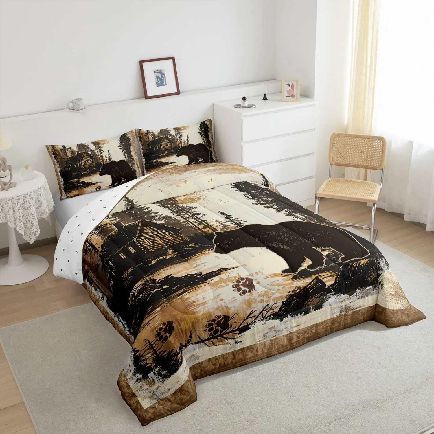Feelyou Rustic Cabin Bear Comforter Set Forest Animal Wildlife Hunting Theme Bedding Set King Size for Boys Girls Farmhouse Black Bear Comforter Brown Farmhouse Bed Set for All Season