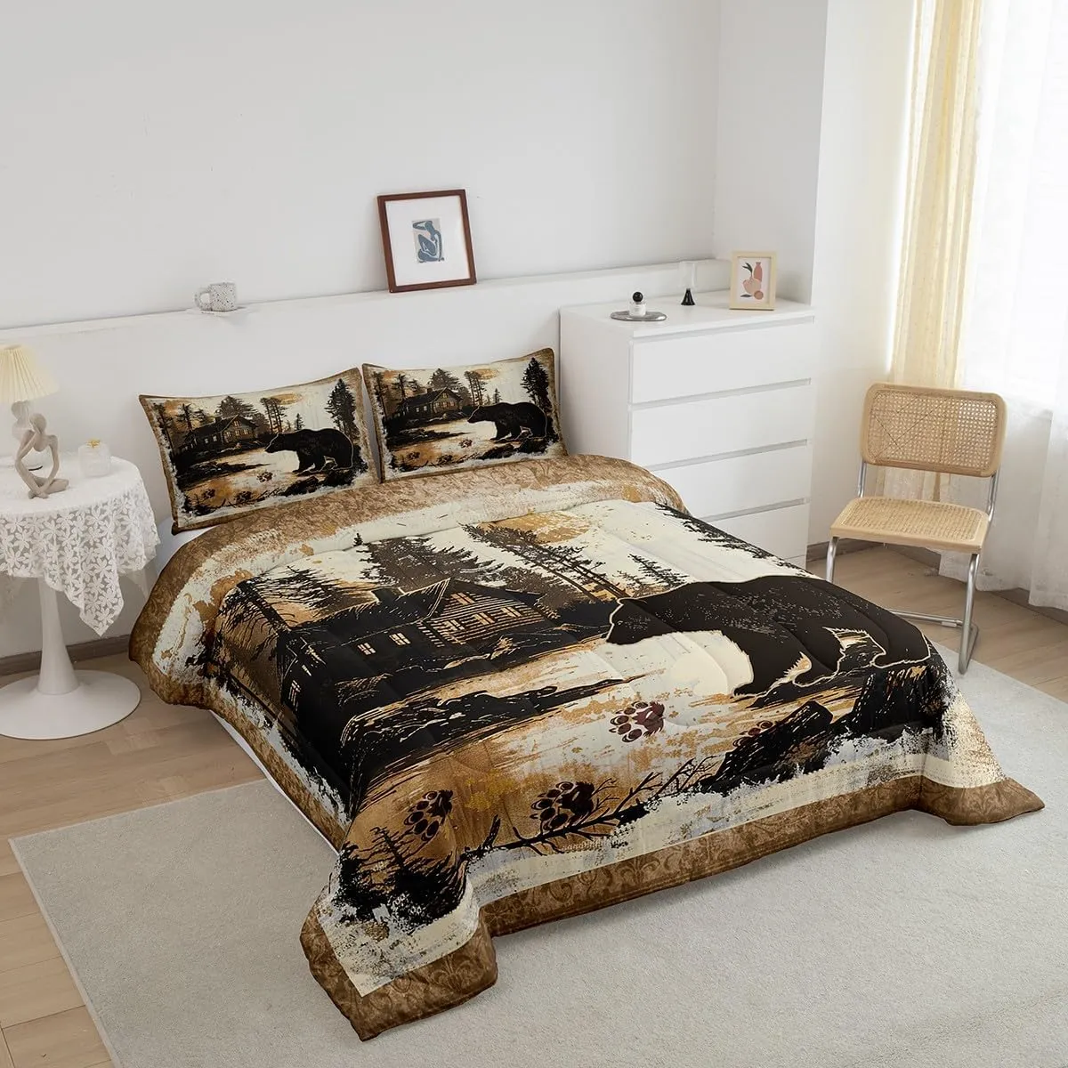 Feelyou Rustic Cabin Bear Comforter Set Forest Animal Wildlife Hunting Theme Bedding Set King Size for Boys Girls Farmhouse Black Bear Comforter Brown Farmhouse Bed Set for All Season
