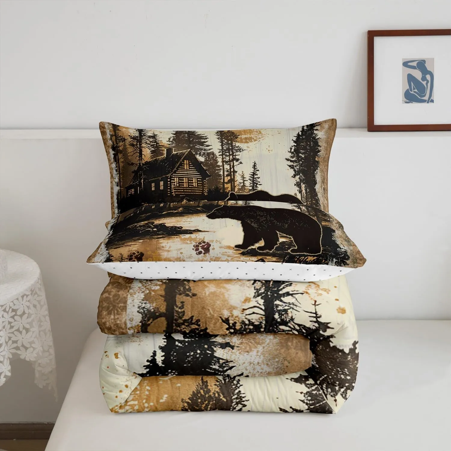 Feelyou Rustic Cabin Bear Comforter Set Forest Animal Wildlife Hunting Theme Bedding Set King Size for Boys Girls Farmhouse Black Bear Comforter Brown Farmhouse Bed Set for All Season
