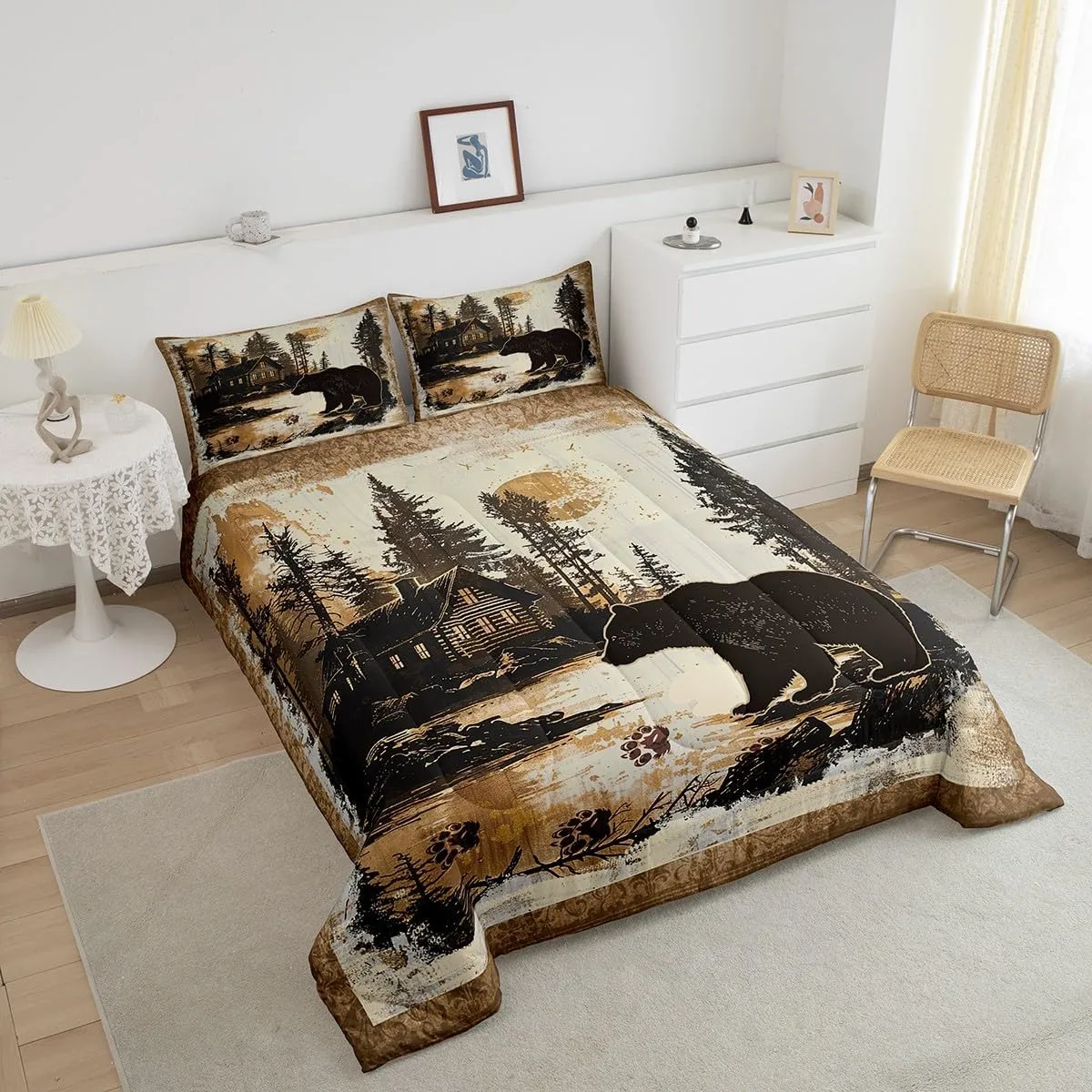 Feelyou Rustic Cabin Bear Comforter Set Forest Animal Wildlife Hunting Theme Bedding Set King Size for Boys Girls Farmhouse Black Bear Comforter Brown Farmhouse Bed Set for All Season