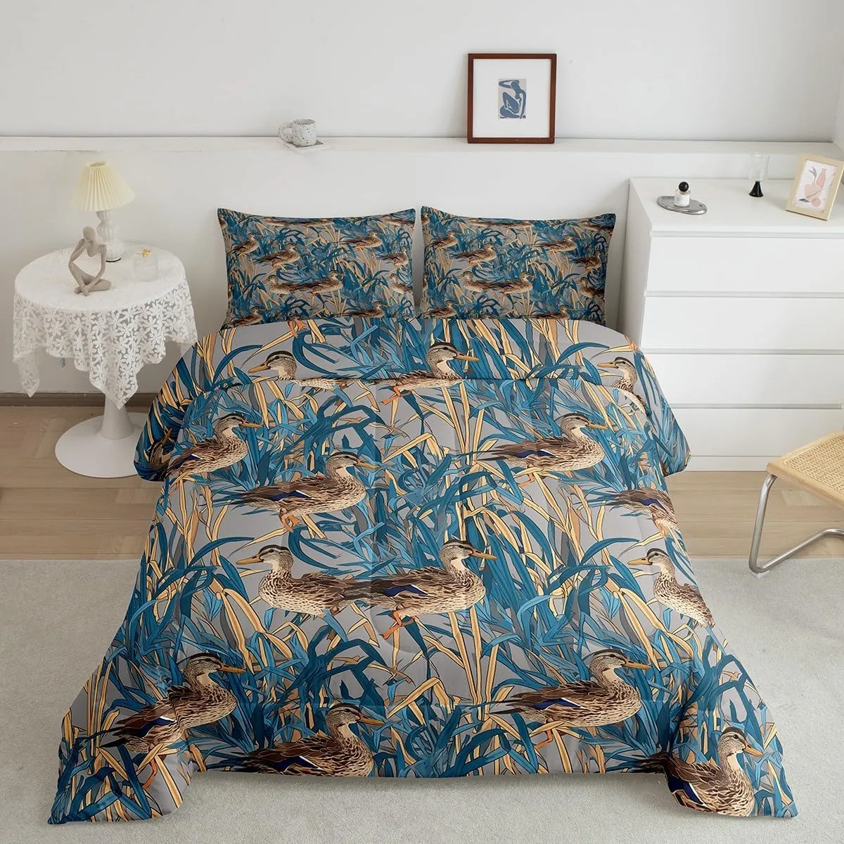 Feelyou Wild Animals Comforter Set for Girls Boys Kids Twin Size Wild Duck Comforter Room Decorative Duck Hunting Bedding Set Cute Farmhouse Duck Duvet Set 2Pcs Quilt Set