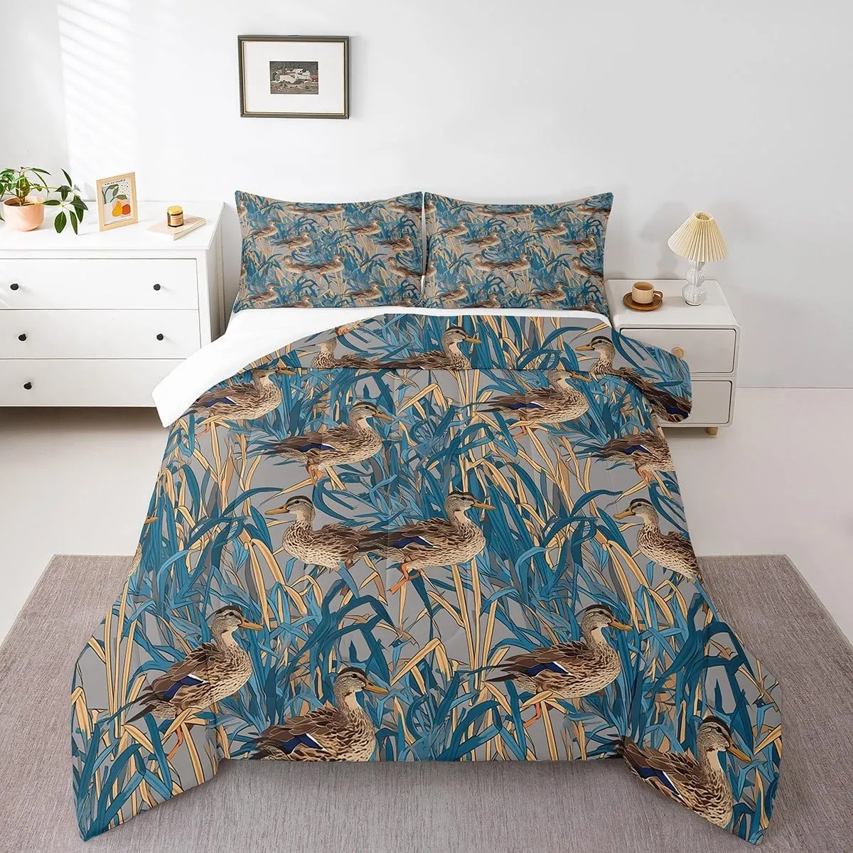 Feelyou Wild Animals Comforter Set for Girls Boys Kids Twin Size Wild Duck Comforter Room Decorative Duck Hunting Bedding Set Cute Farmhouse Duck Duvet Set 2Pcs Quilt Set