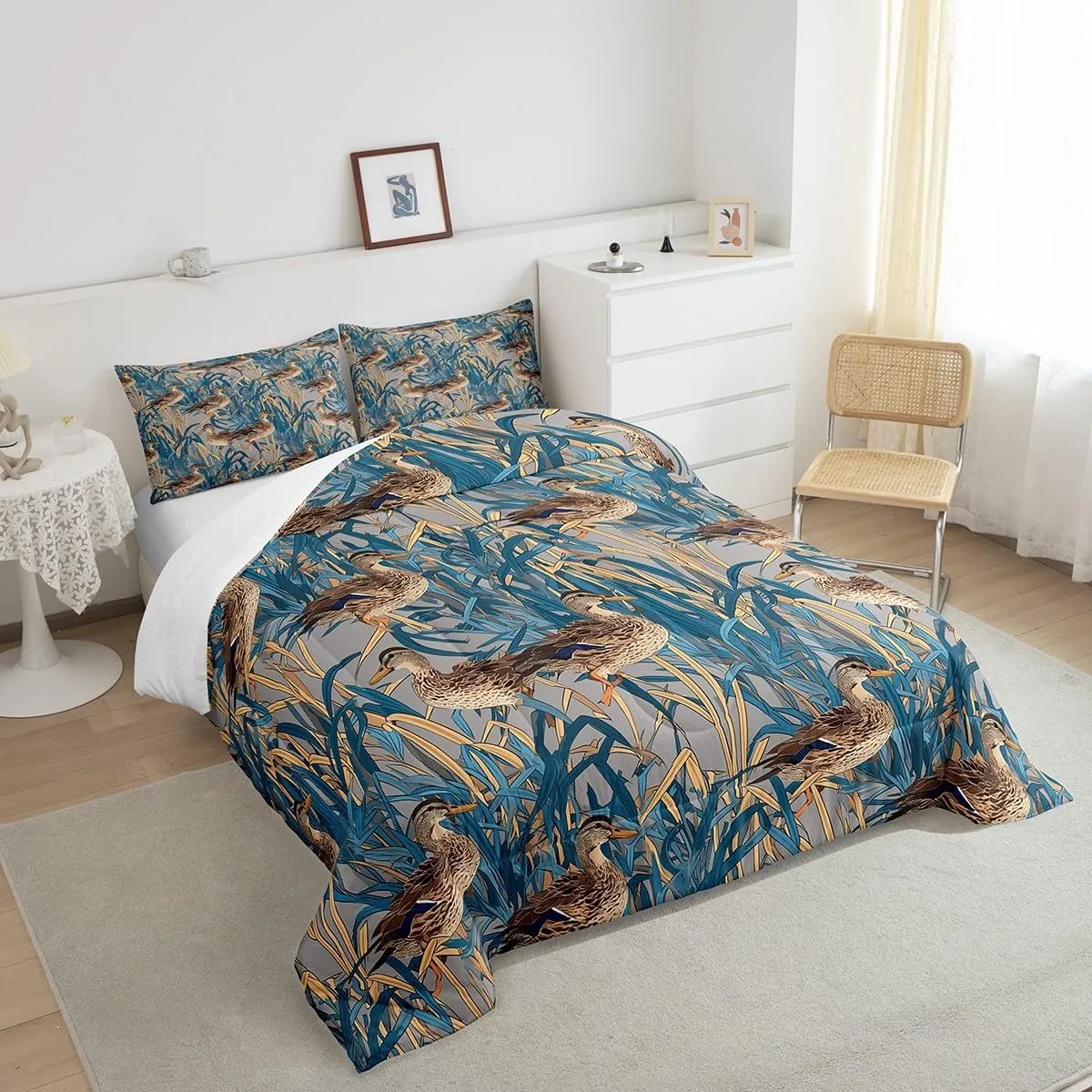 Feelyou Wild Animals Comforter Set for Girls Boys Kids Twin Size Wild Duck Comforter Room Decorative Duck Hunting Bedding Set Cute Farmhouse Duck Duvet Set 2Pcs Quilt Set