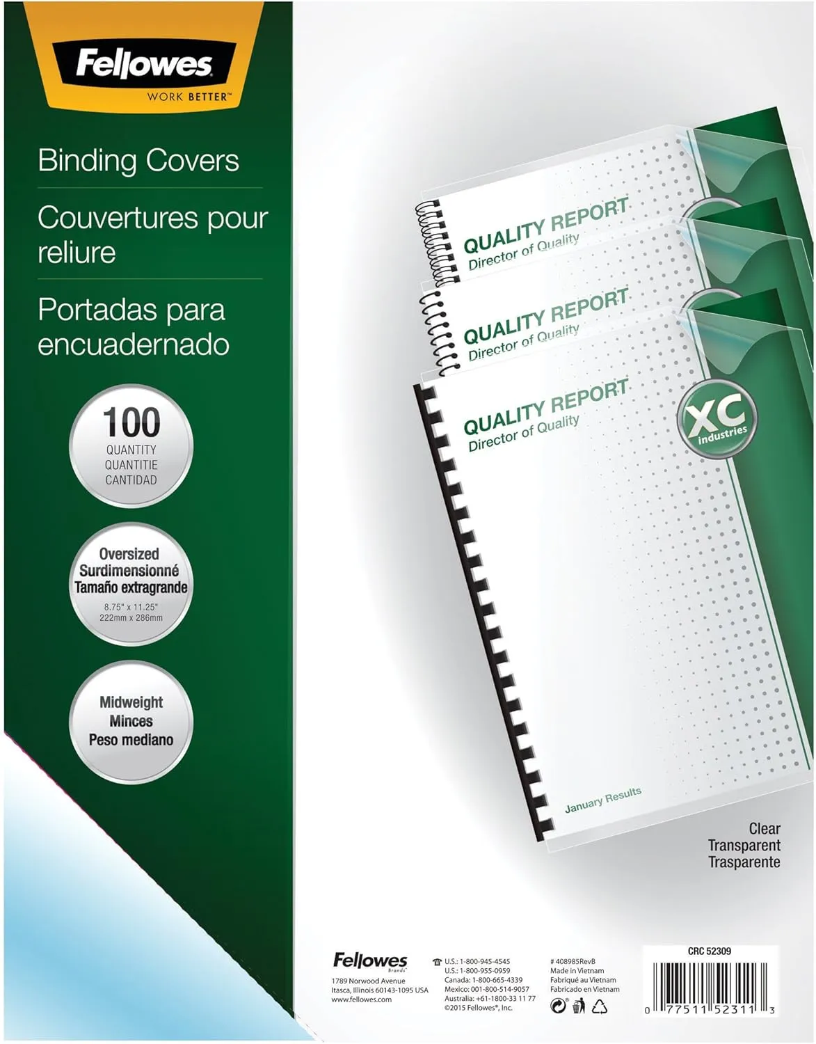 Fellowes Transparent PVC Binding Covers, Oversize, 100 Pack (52311)