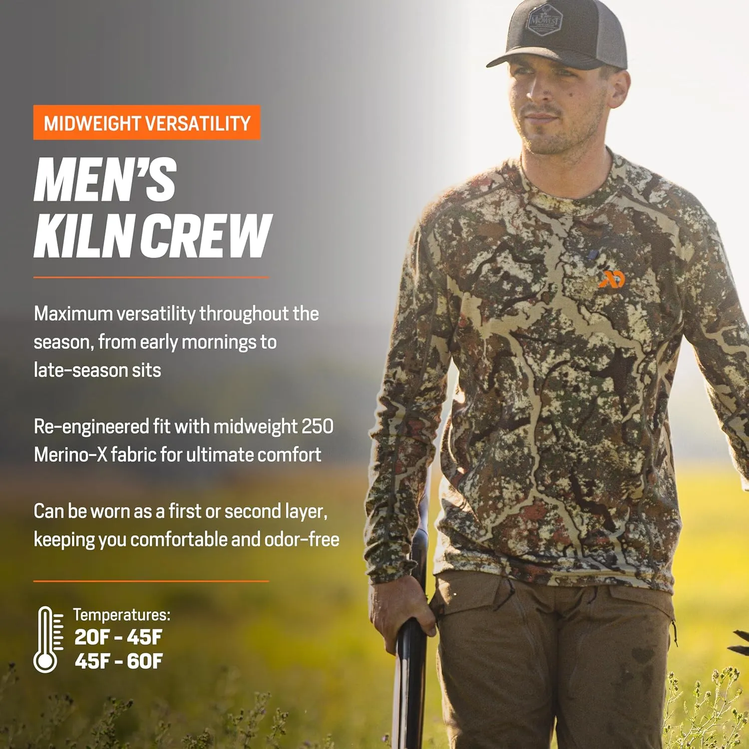 First Lite Men’s Kiln Long Sleeve Crew Shirt - Merino Wool Midweight Camo Hunting Base Layer, Wool Long Johns, Midweight