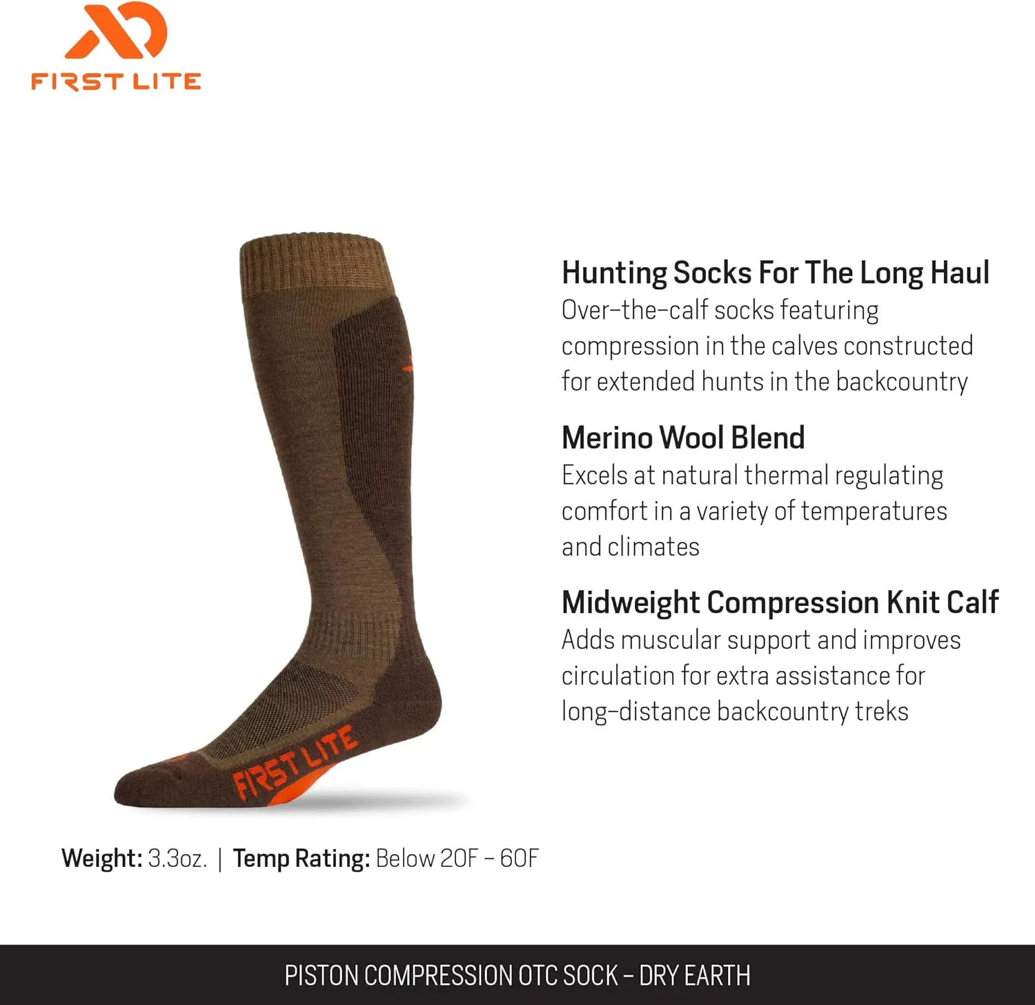 First Lite Piston Compression OTC Sock - Midweight Merino Wool Hunting Socks