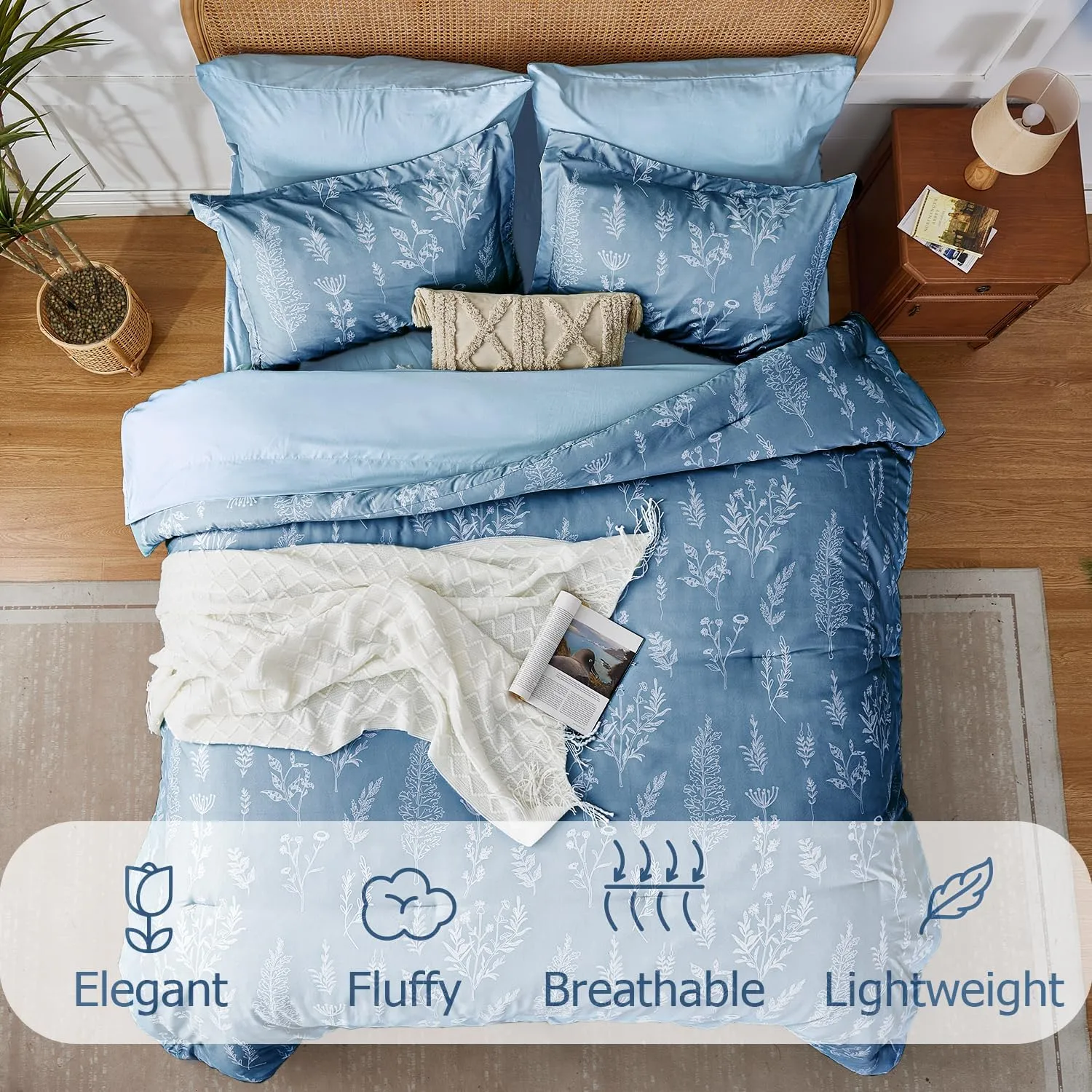 Floral Comforter Set Full Blue, Cute Flower Bed in a Bag Full Boho 7 Pieces, Soft Fluffy Bedding Sets with Comforter, Sheets, Pillowcases & Shams, All Season