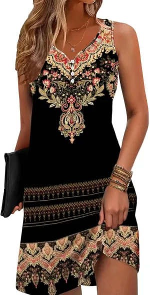 Floral Printed Summer Dresses A-Line Elegant Dress Womens Vintage Sleeveless Beach Sundress