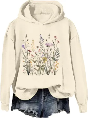 Flower Graphic Hoodie for Women Flower Sweatshirt Pressed Floral Printed Vintage Shirt
