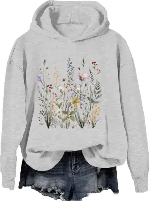Flower Graphic Hoodie for Women Flower Sweatshirt Pressed Floral Printed Vintage Shirt