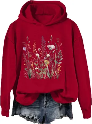 Flower Graphic Hoodie for Women Flower Sweatshirt Pressed Floral Printed Vintage Shirt