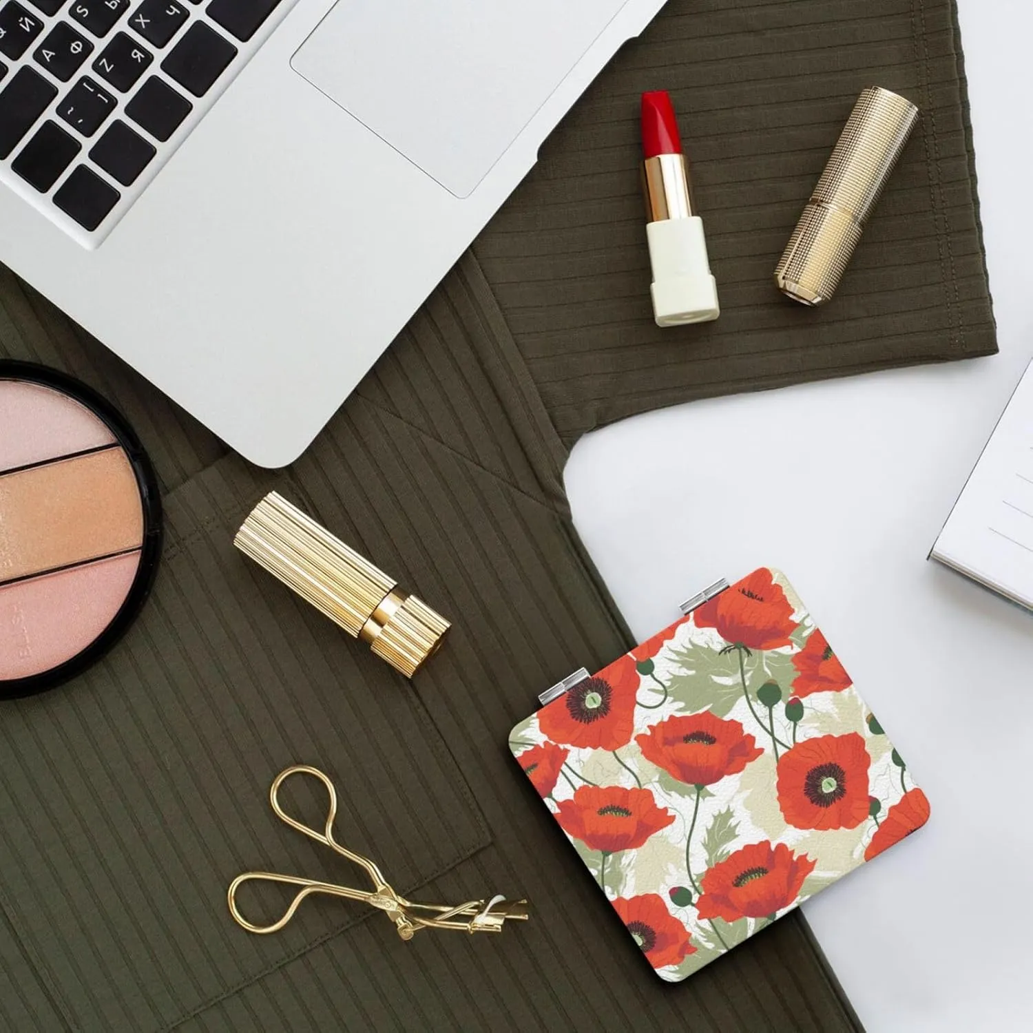 Flower Pattern Printed Square Pocket Makeup Mirror with 1X/2X Magnification, Portable Mini Travel Makeup Mirror for Travel Daily Work Beauty