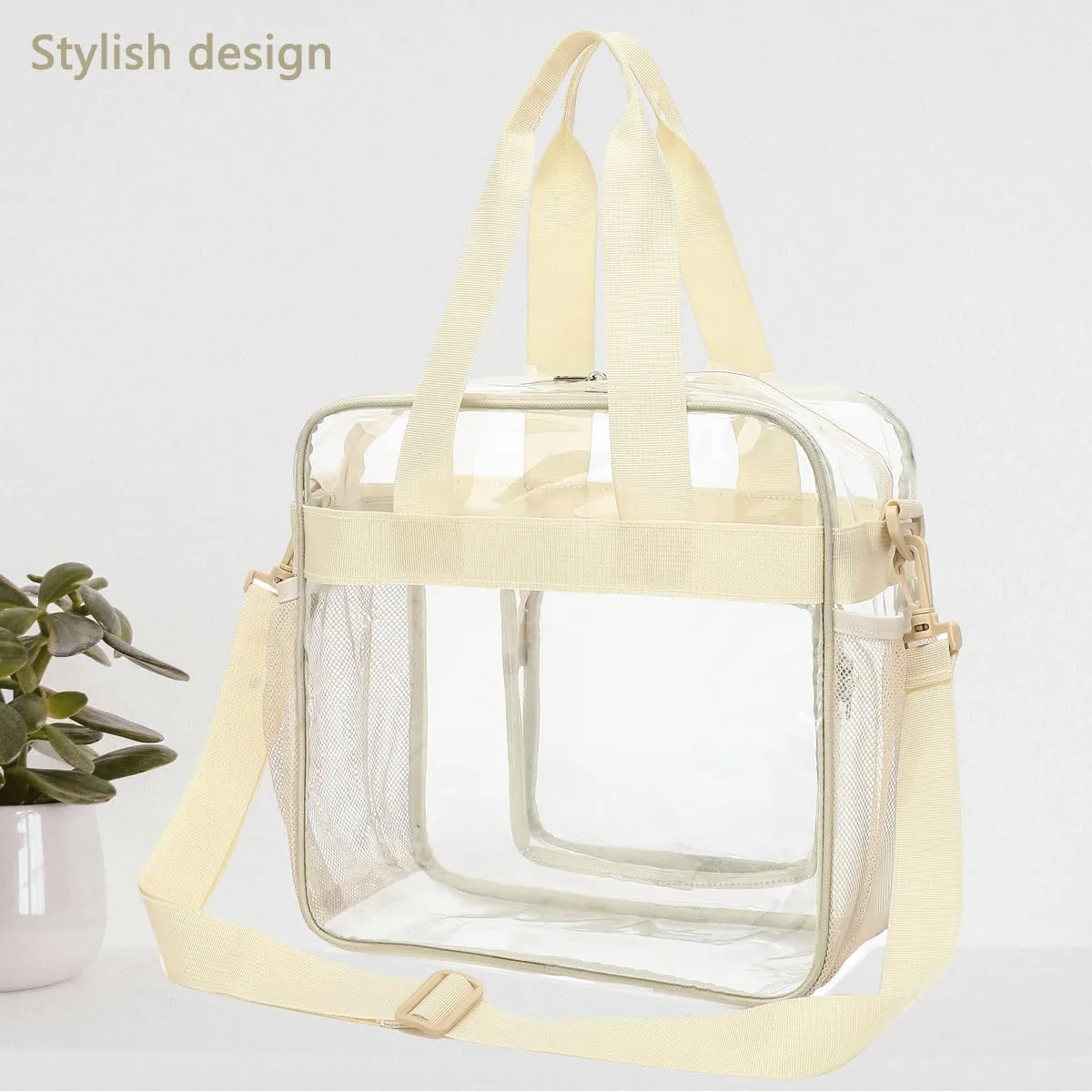FlowFly Clear Bag for Stadium Events With Shoulder Strap for Women, Men, Large and Reusable Lunch Container, Work and Sporting Events, Travel 12x6x12 Clear Tote Bag, Clear#Biege