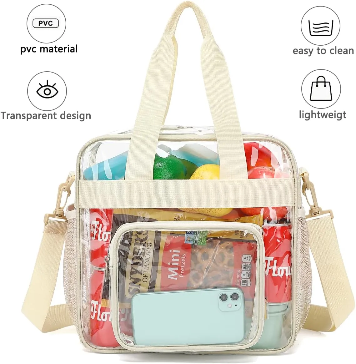 FlowFly Clear Bag for Stadium Events With Shoulder Strap for Women, Men, Large and Reusable Lunch Container, Work and Sporting Events, Travel 12x6x12 Clear Tote Bag, Clear#Biege