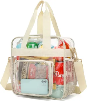 FlowFly Clear Bag for Stadium Events With Shoulder Strap for Women, Men, Large and Reusable Lunch Container, Work and Sporting Events, Travel 12x6x12 Clear Tote Bag, Clear#Biege