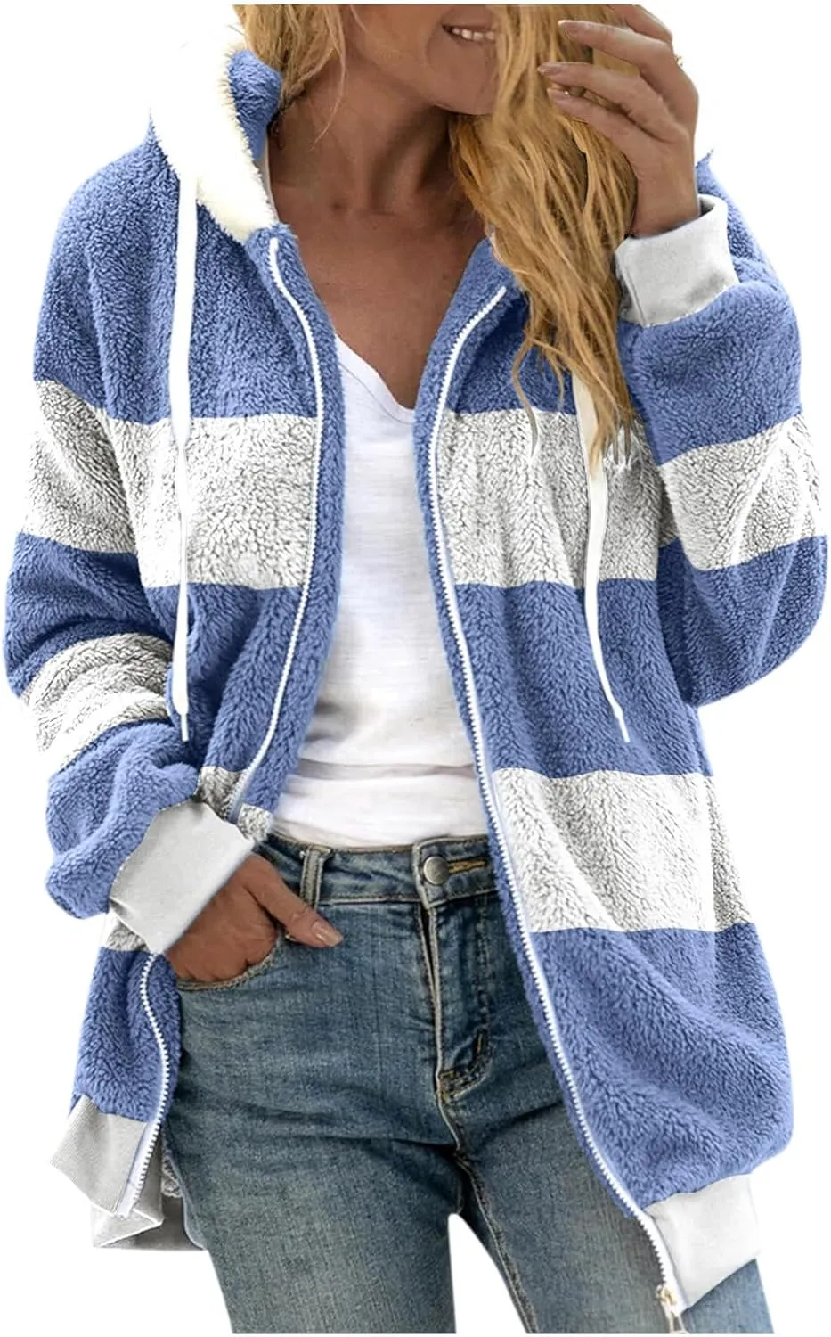 Fluffy Jackets For Women Cute Color Block Loose Soft Zip Up Sherpa Coat Warm Winter Fuzzy Fleece Hooded Jacket Outwear