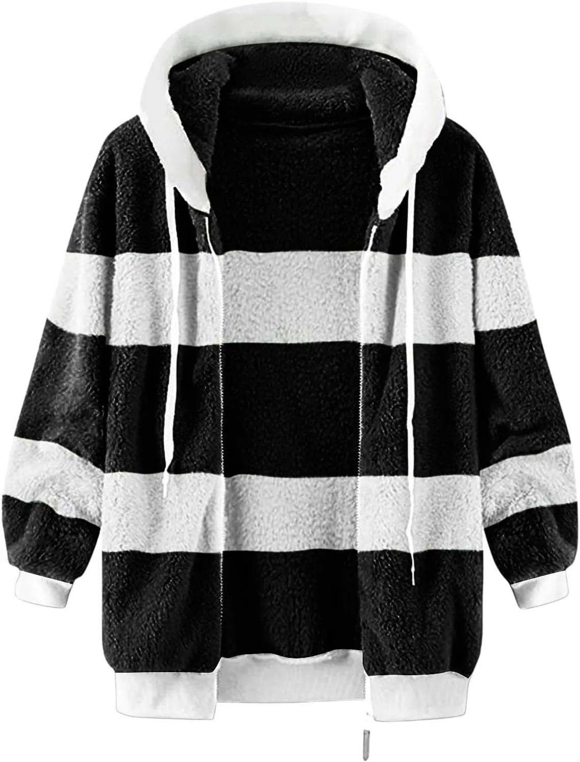 Fluffy Jackets For Women Cute Color Block Loose Soft Zip Up Sherpa Coat Warm Winter Fuzzy Fleece Hooded Jacket Outwear