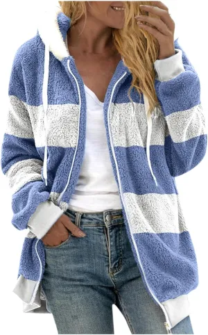 Fluffy Jackets For Women Cute Color Block Loose Soft Zip Up Sherpa Coat Warm Winter Fuzzy Fleece Hooded Jacket Outwear