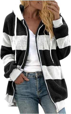 Fluffy Jackets For Women Cute Color Block Loose Soft Zip Up Sherpa Coat Warm Winter Fuzzy Fleece Hooded Jacket Outwear