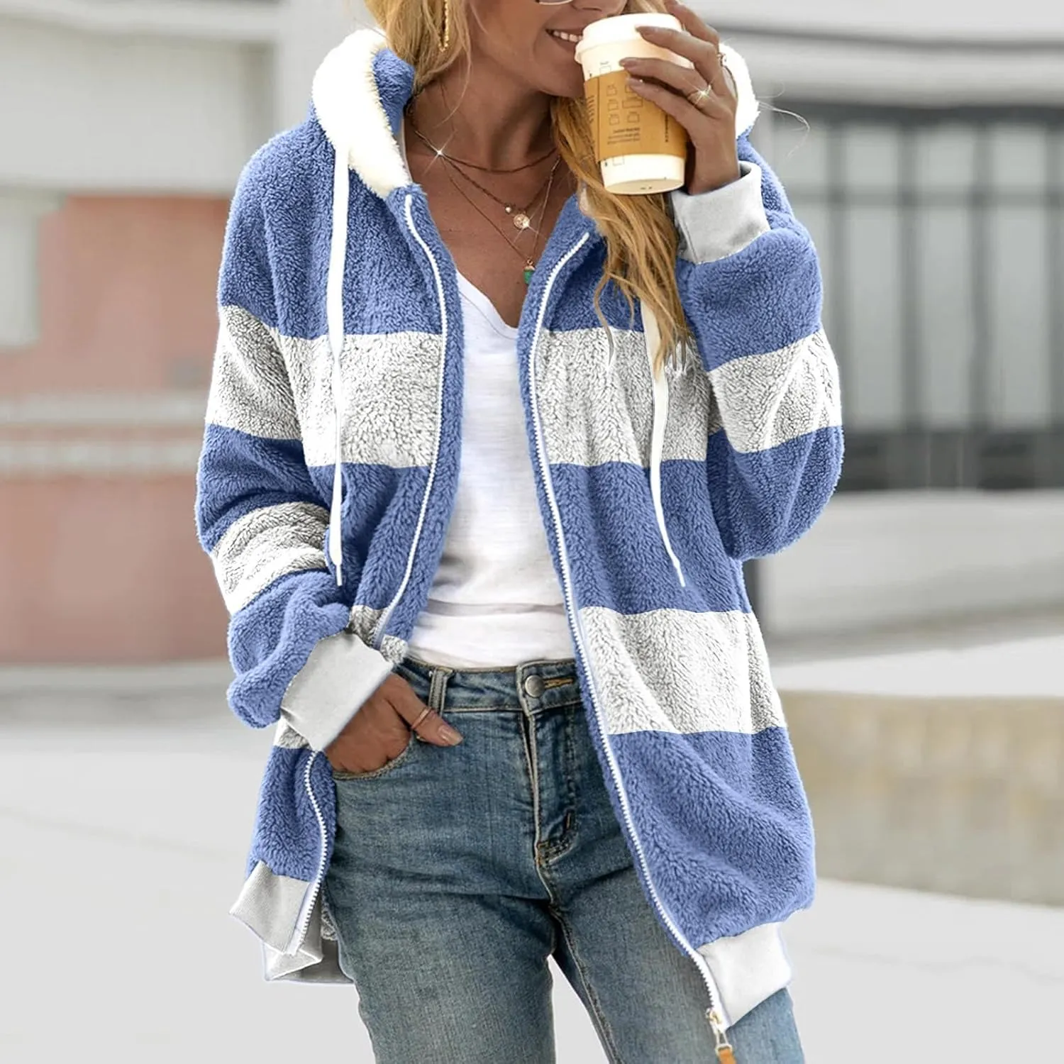 Fluffy Jackets For Women Cute Color Block Loose Soft Zip Up Sherpa Coat Warm Winter Fuzzy Fleece Hooded Jacket Outwear
