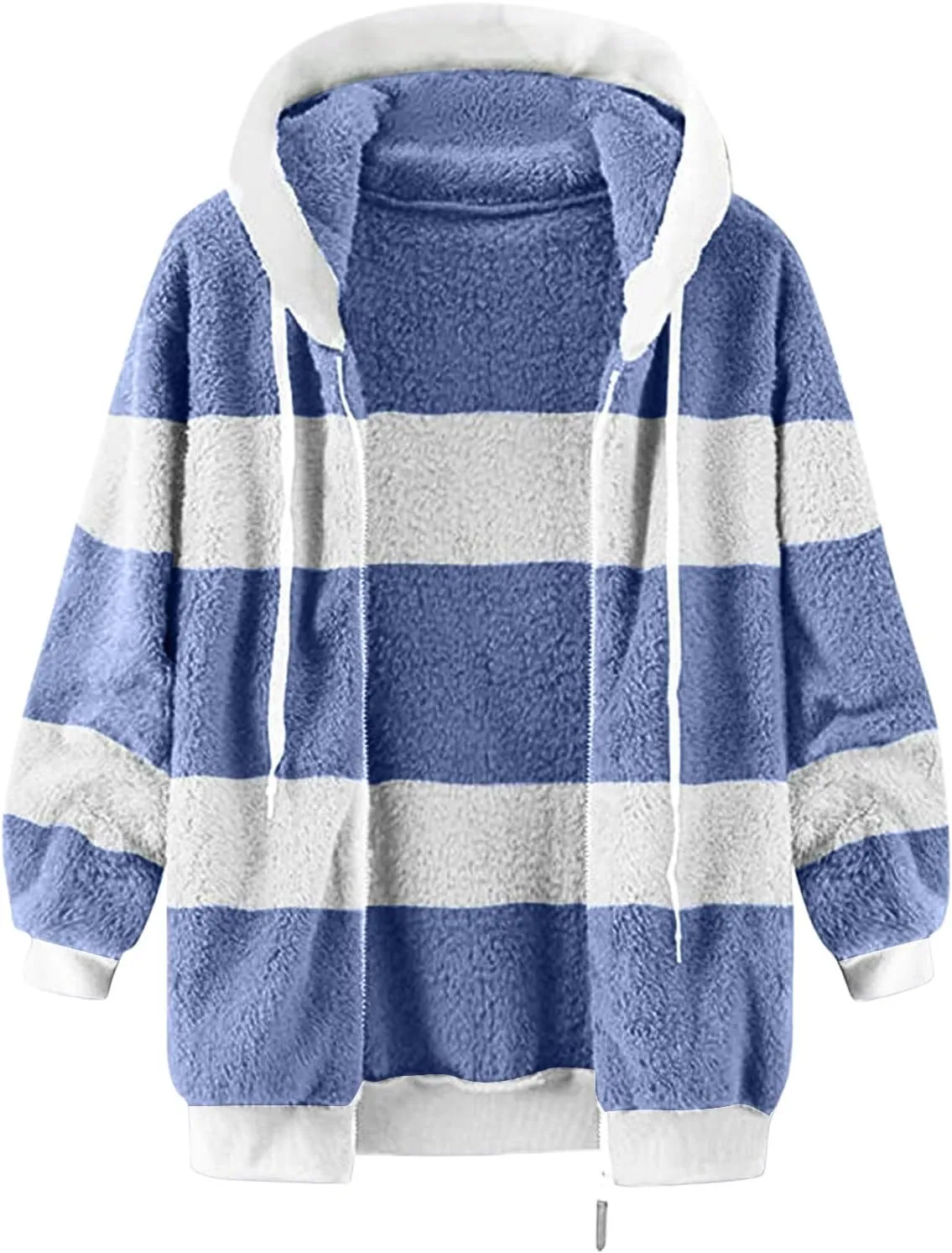 Fluffy Jackets For Women Cute Color Block Loose Soft Zip Up Sherpa Coat Warm Winter Fuzzy Fleece Hooded Jacket Outwear