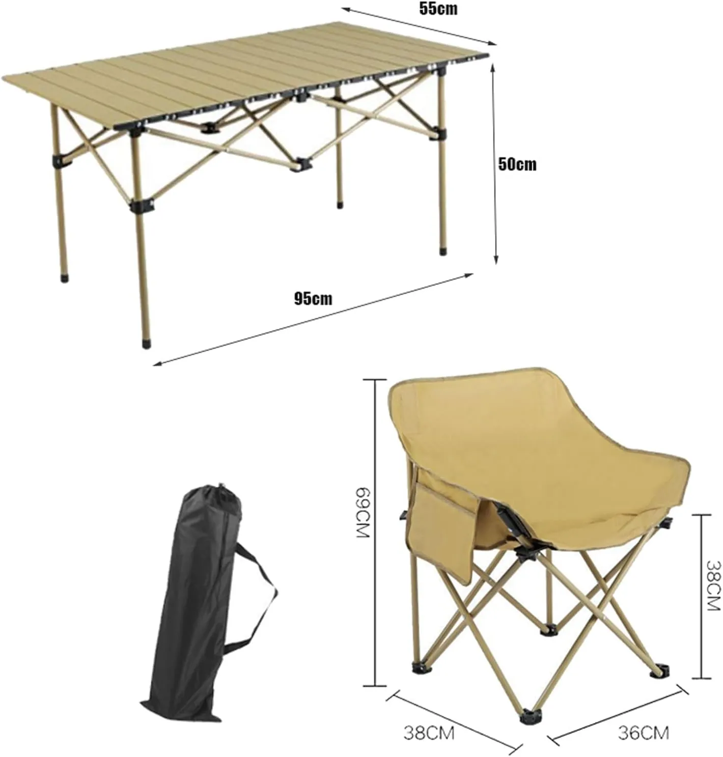Folding Outdoor Picnic Tables & Chairs for Hiking Party RV Travelling, Portable Carbon Steel Roll-up Table Collapsible Camping Chair Lawn Chair, Easy to Assemble