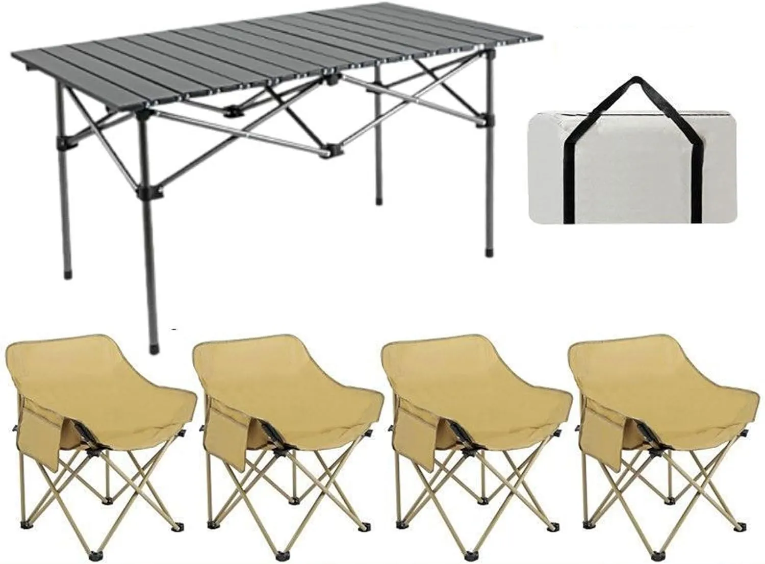 Folding Outdoor Picnic Tables & Chairs for Hiking Party RV Travelling, Portable Carbon Steel Roll-up Table Collapsible Camping Chair Lawn Chair, Easy to Assemble