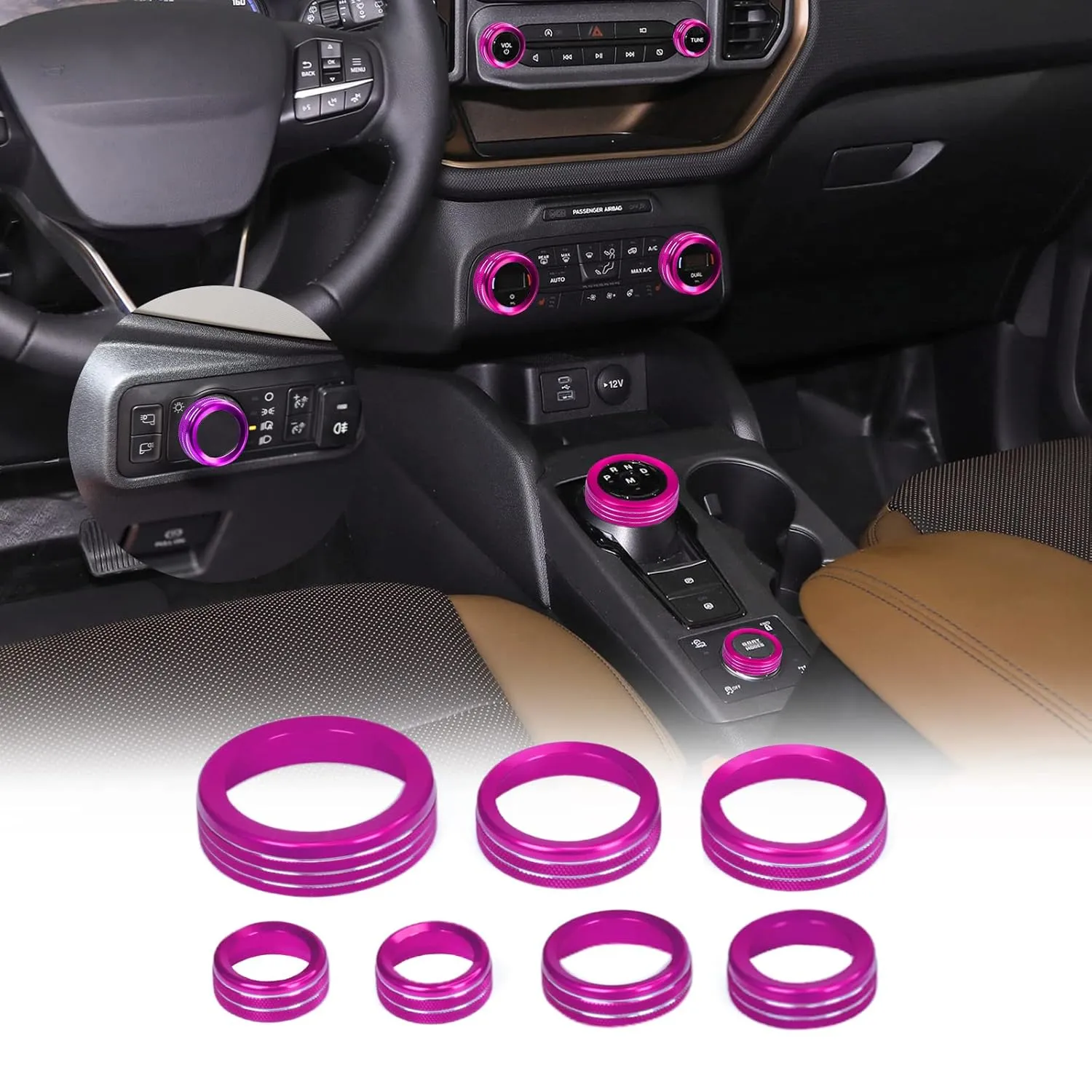 for 2021-2024 Ford Bronco Sport Accessories Air Conditioner AC Headlight Switch Knob 4WD Wheel Drive Trailer Gear Shift Switch Knob Cover 7PCS Pink Aluminum Alloy(Don't for Bronco)