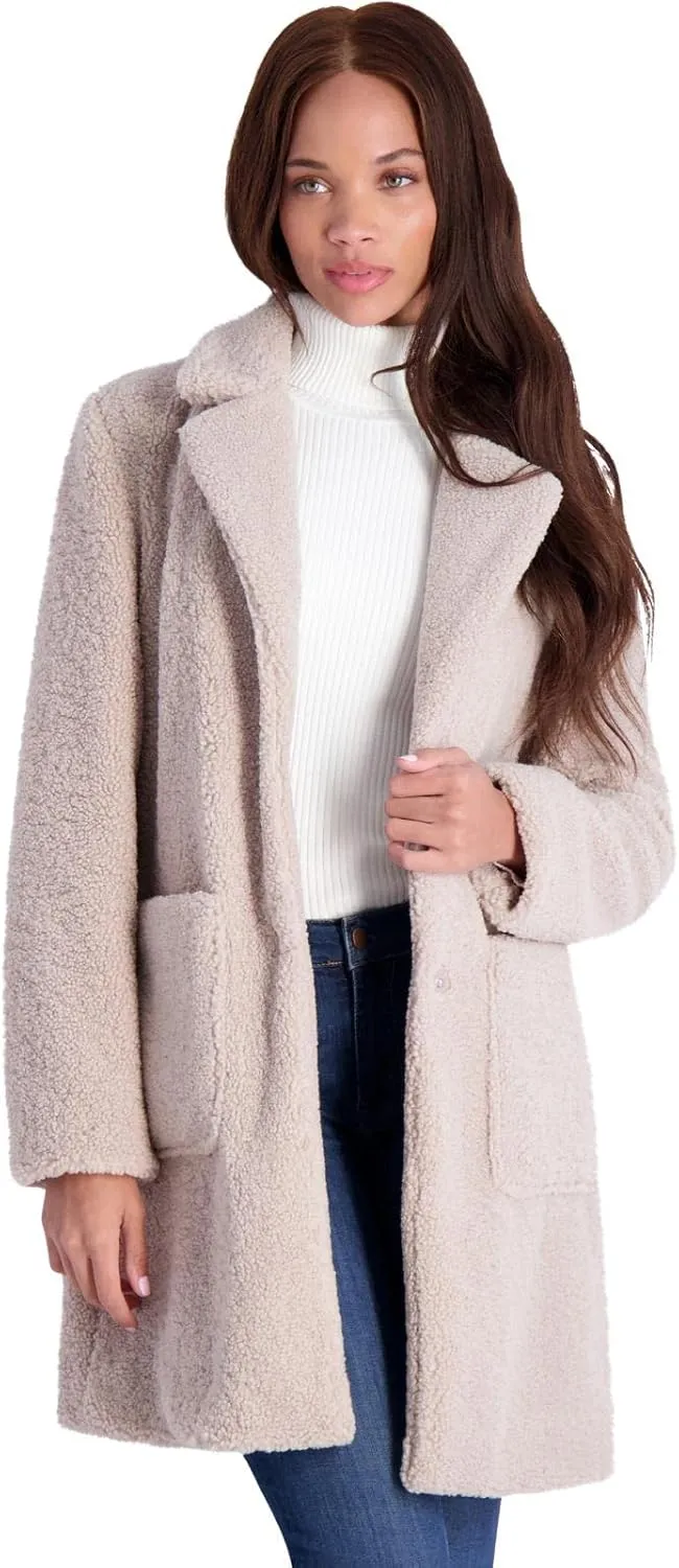 French Connection Women's Faux Shearling Teddy Lapel Midi Coat