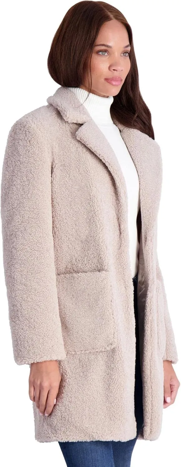 French Connection Women's Faux Shearling Teddy Lapel Midi Coat