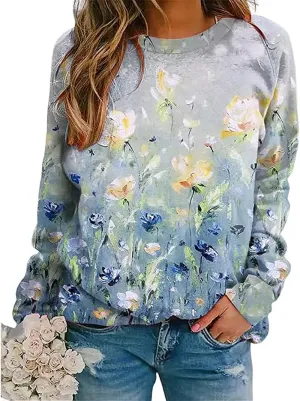 Fronage Women's Floral Printed Sweatshirt Long Sleeve Crewneck Casual Loose Vintage FLower Graphic Pullover Tops