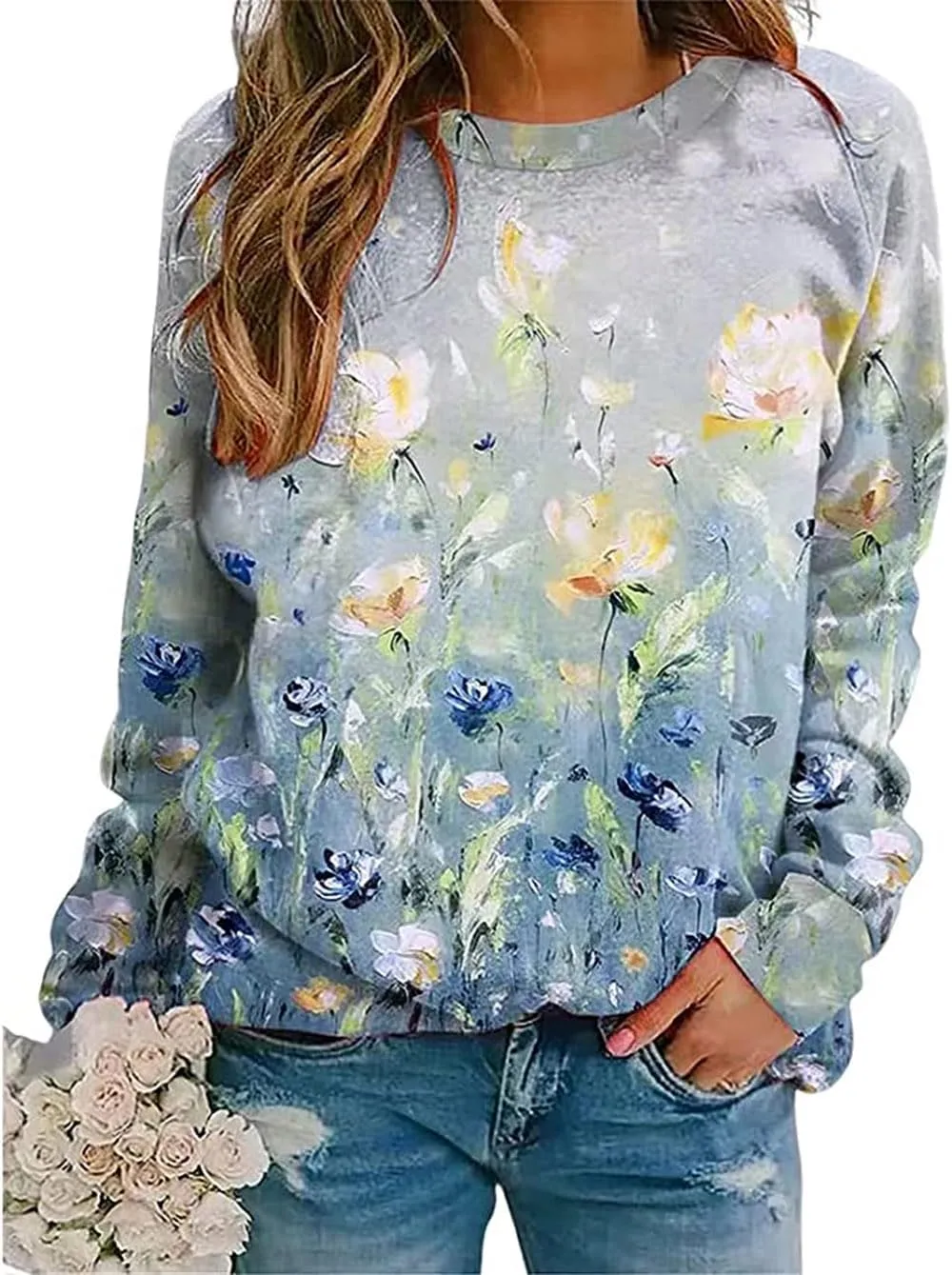 Fronage Women's Floral Printed Sweatshirt Long Sleeve Crewneck Casual Loose Vintage FLower Graphic Pullover Tops