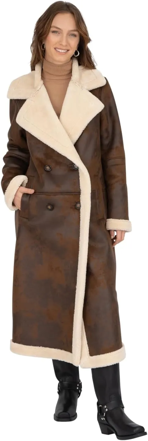 Frye Women's Faux Shearling Maxi Double Breasted Coat