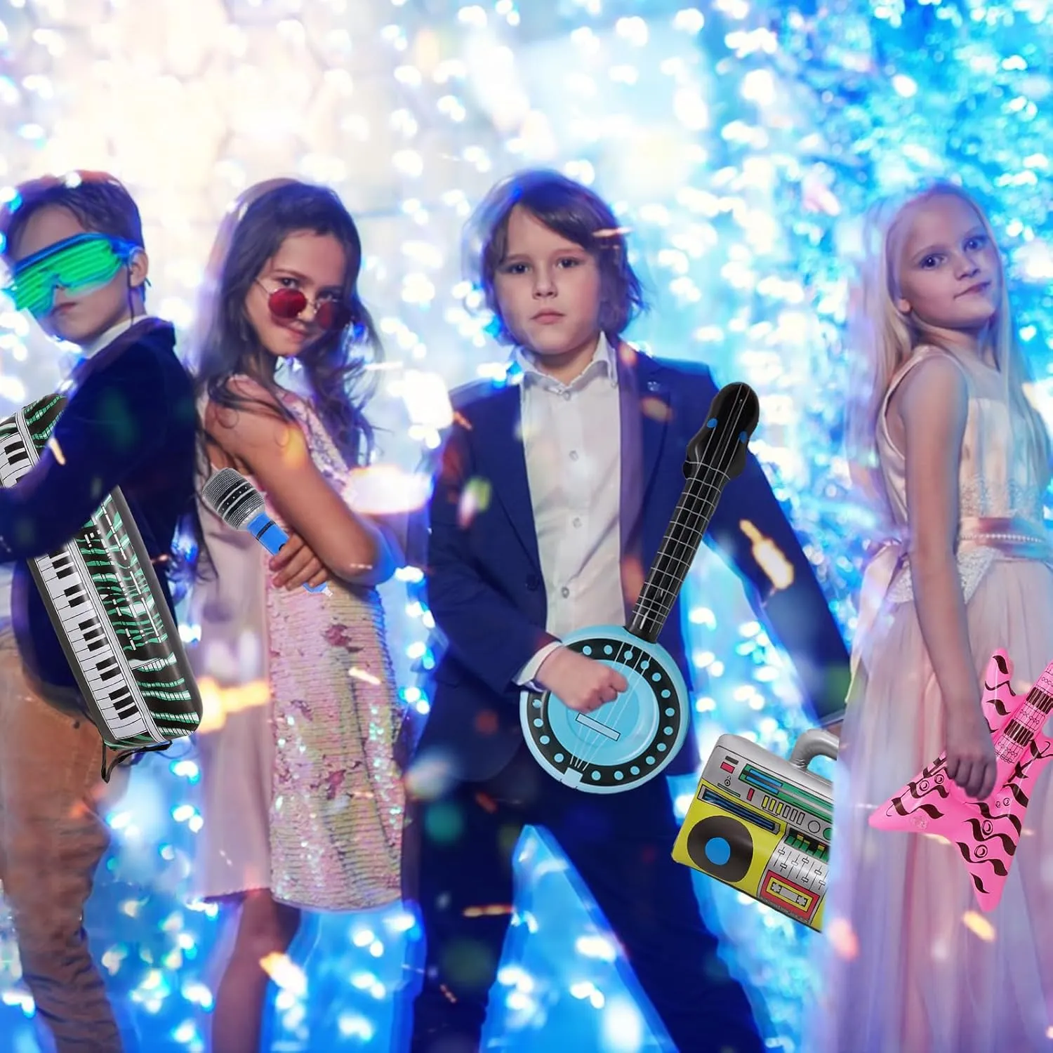 Fumwase 15PCS Inflatable Rock Star Toy Set Inflatable Instruments Party Props Rock Star Toy Set Guitar Bass Party Props for 80s 90s Party Decorations Rock and Roll Party Decorations (Rock Style, 15)
