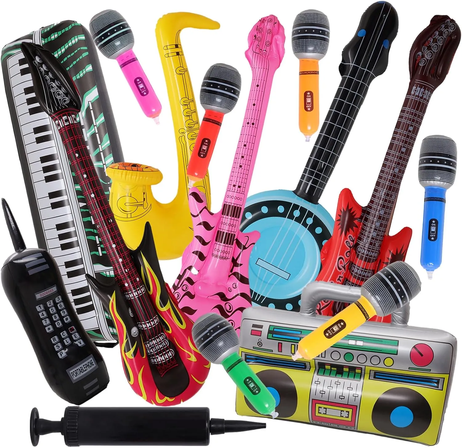 Fumwase 15PCS Inflatable Rock Star Toy Set Inflatable Instruments Party Props Rock Star Toy Set Guitar Bass Party Props for 80s 90s Party Decorations Rock and Roll Party Decorations (Rock Style, 15)